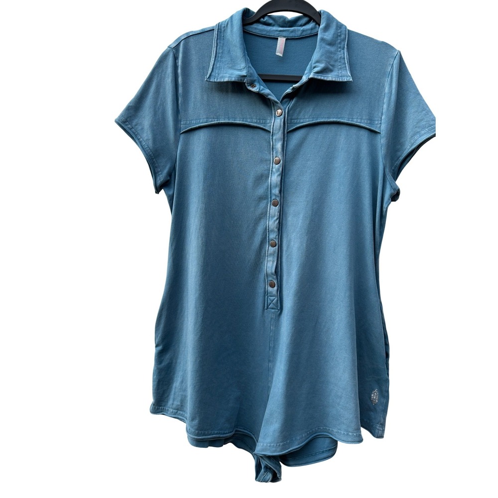 Free People Blue Short-Sleeve Romper with Collar